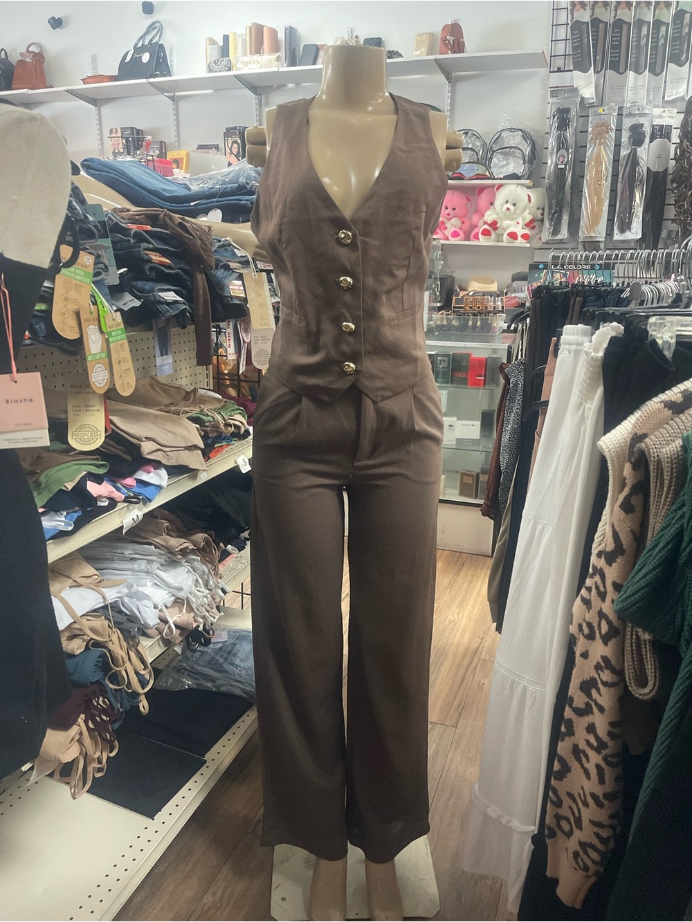 Sleeveless Brown Button-Front Jumpsuit
